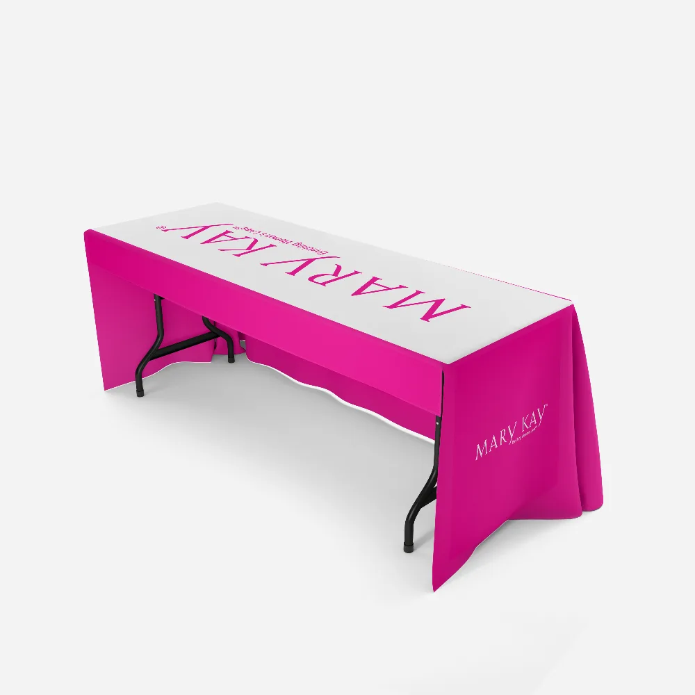 white and pink Mary Kay table cover with open back